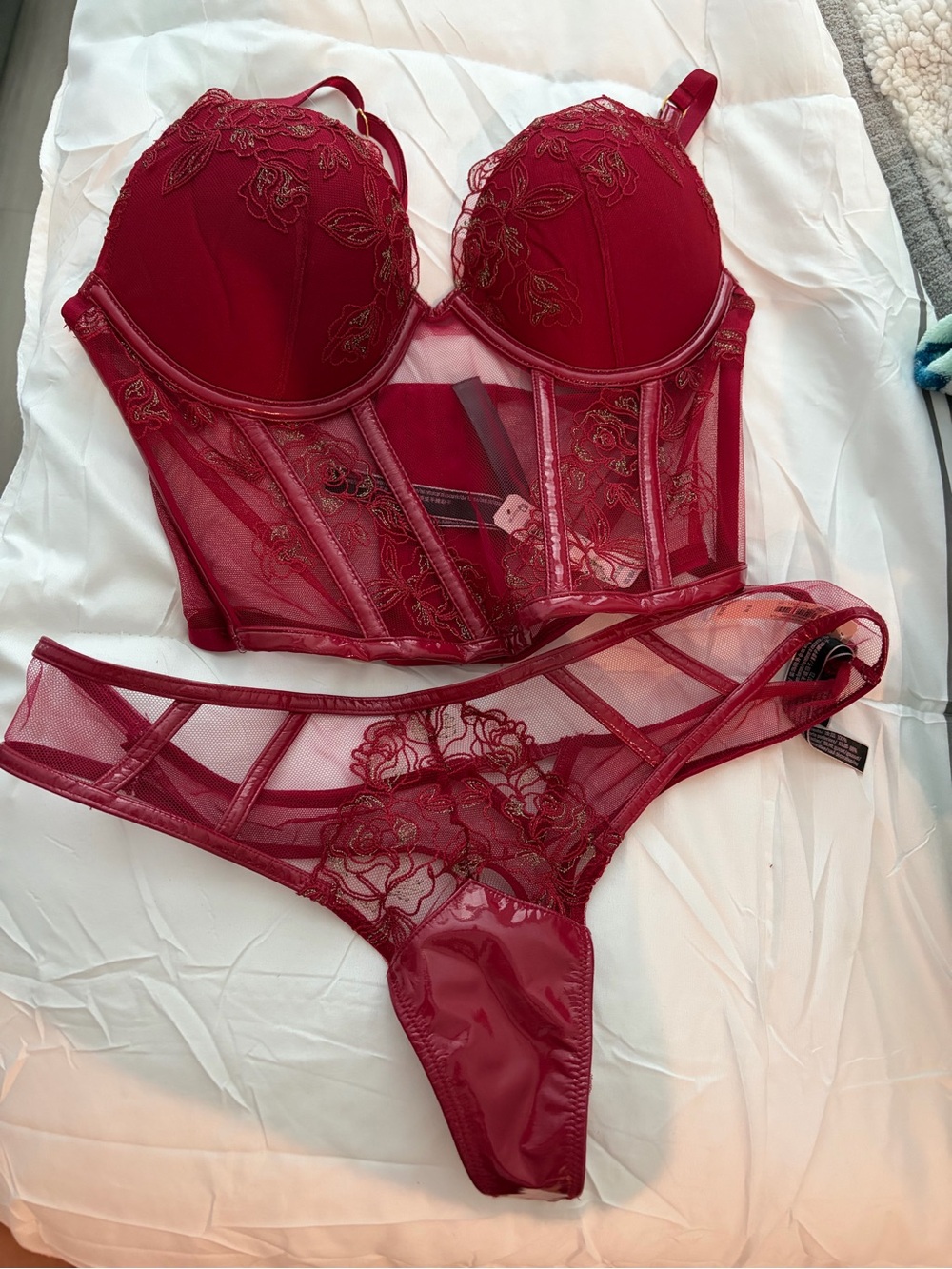 Victoria's Secret Red Embroidered Bustier Bra & Thong Set